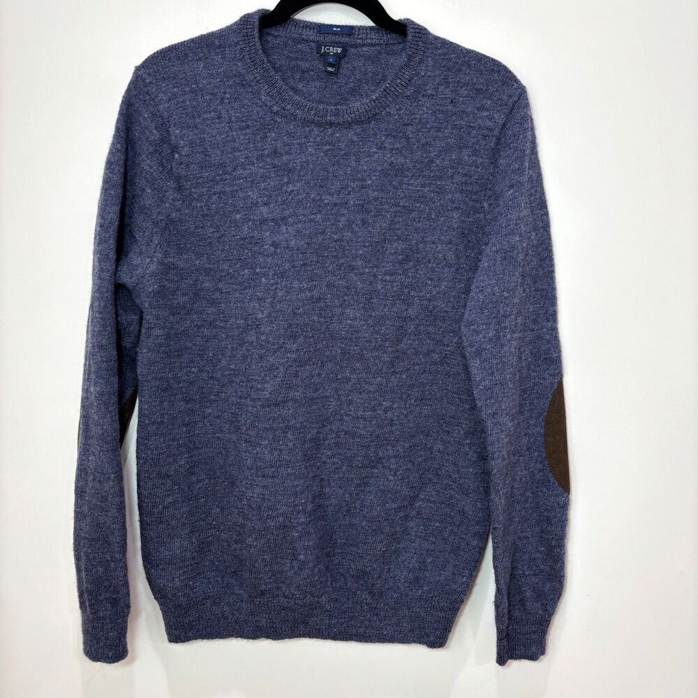 J Crew Sweater Men M Navy Blue 100% Wool Knit Pullover Elbow Patch Cabincore